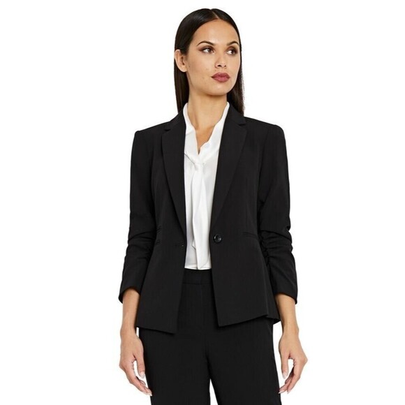 Tahari ASL Women's Ruched-Sleeve One-Button Blazer Formal Jacket Deep Black - Picture 1 of 9